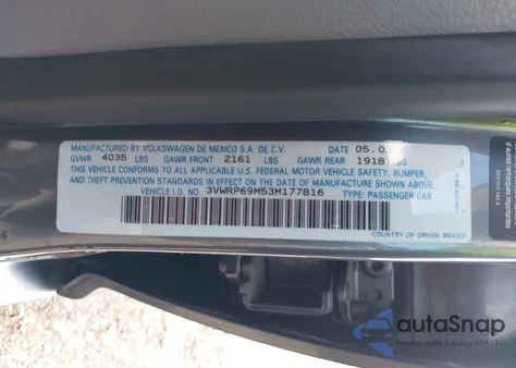 2003 Volkswagen Jetta Gl Tdi from USA, damaged, VIN 3VWRP69M53M177816